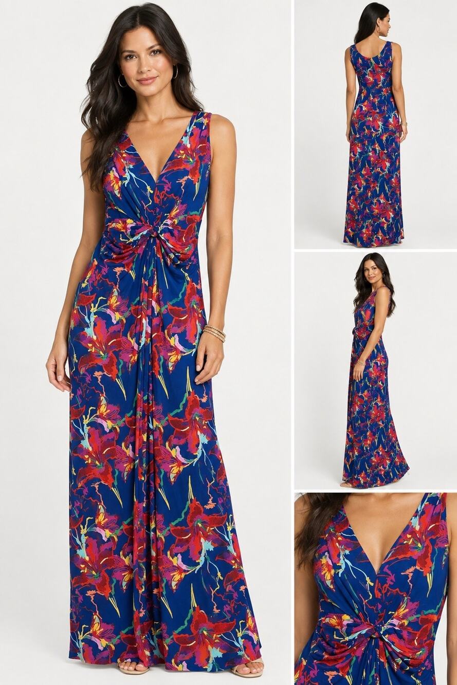 IMAN Global Chic V-Neck Knit Vibrant Blue Red Floral Maxi Dress - Women’s L